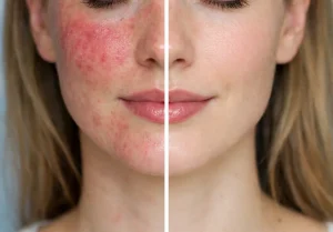 Tratamiento para rosácea: piel con enrojecimiento vs piel sana.