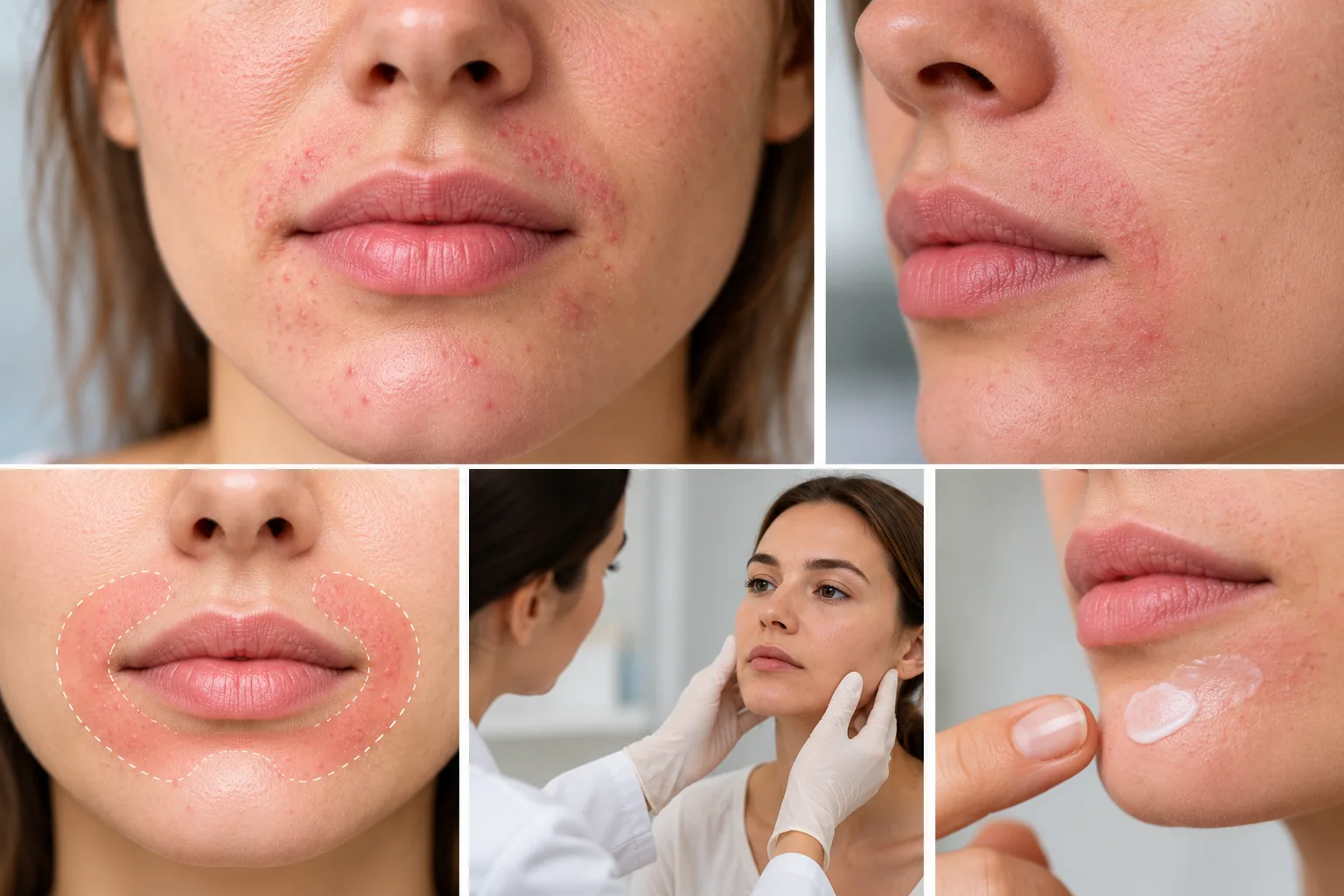 Composición ilustrativa sobre las manifestaciones de la dermatitis perioral y la valoración dermatológica