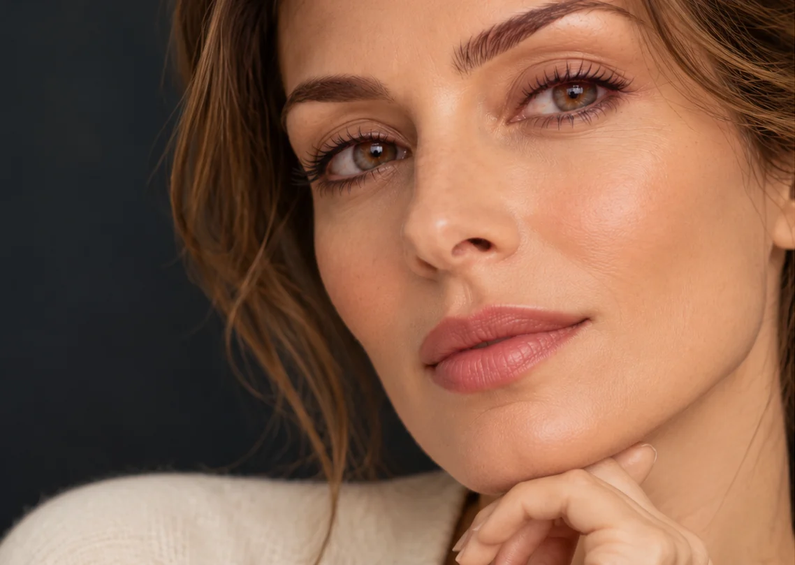 Retrato editorial de una mujer con labios naturales