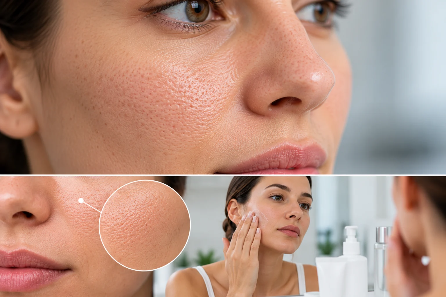 Primer plano de la piel del rostro con poros visibles y textura natural