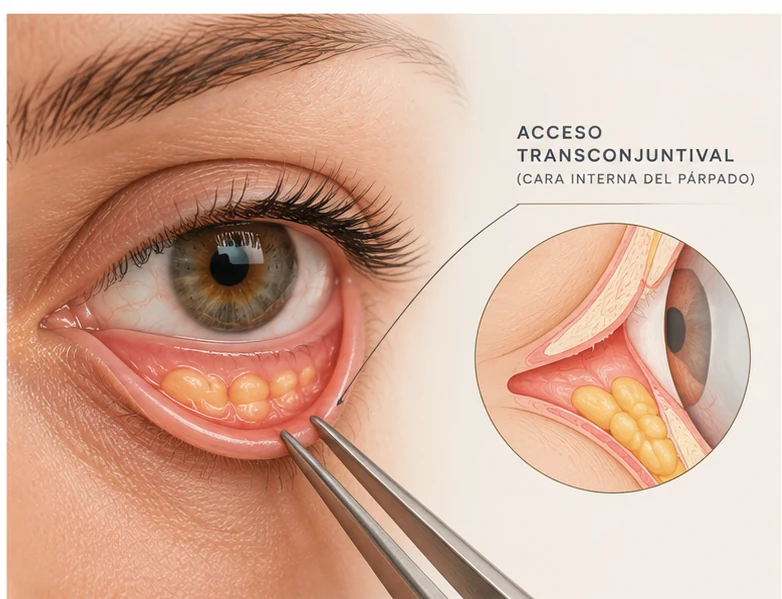 Ilustración médica del acceso transconjuntival por la cara interna del párpado inferior